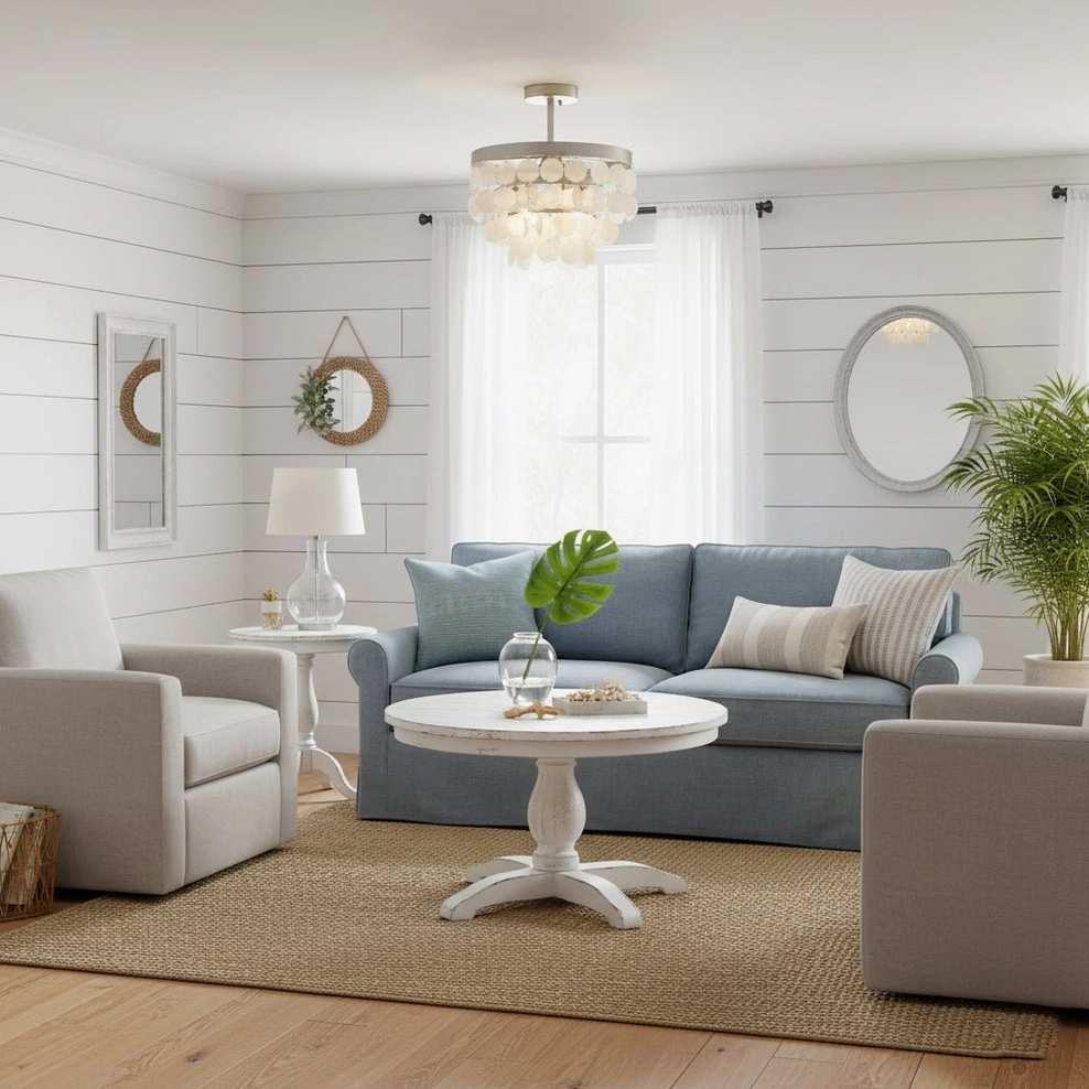 Brielle capiz shell ceiling light in modern living room with shiplap walls and blue-neutral coastal decor
