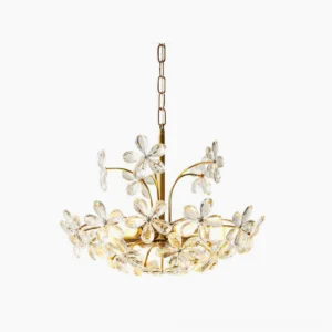Brielle floral crystal chandelier in brass finish, front studio view with gold-toned romantic vintage design