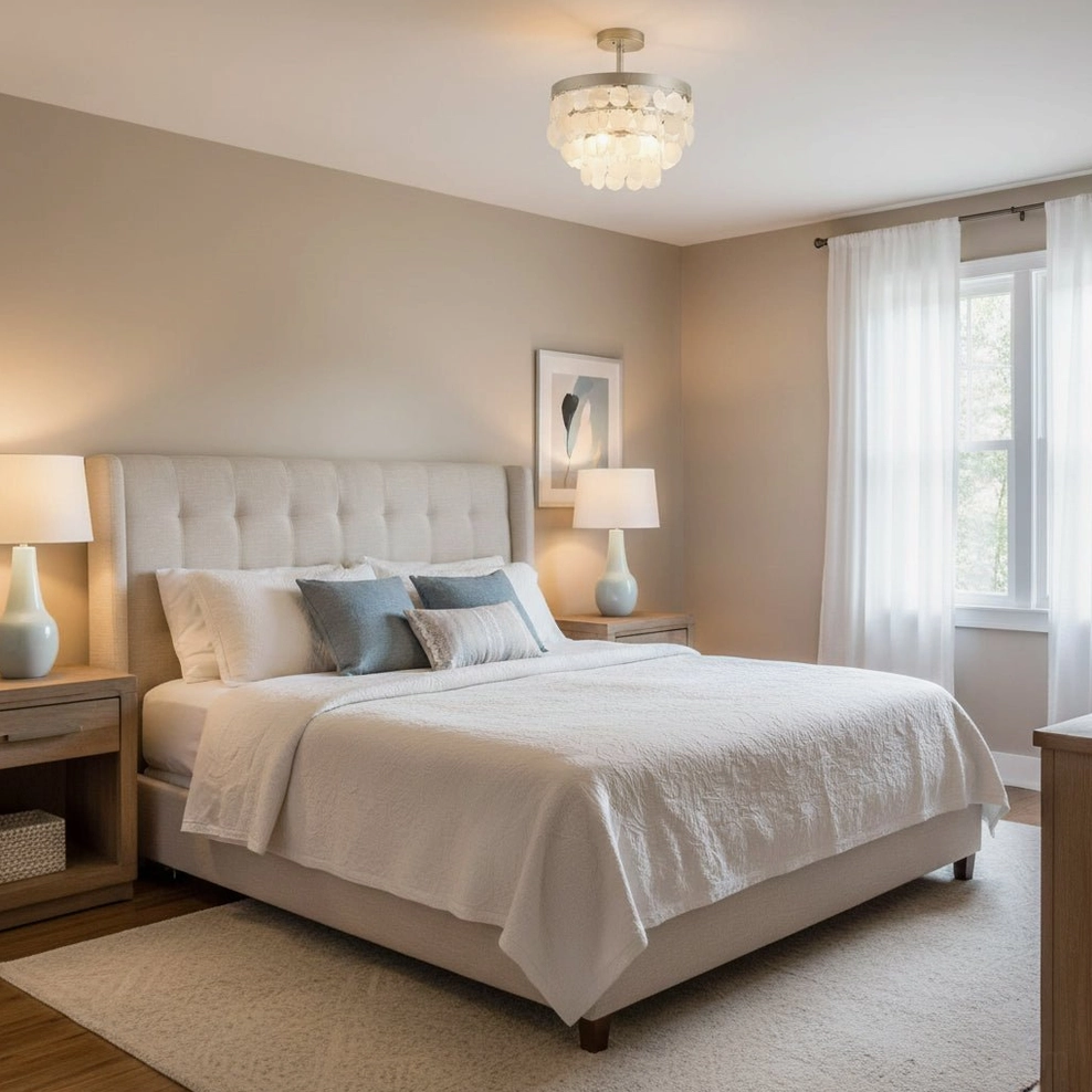 Brielle coastal lamp in classic bedroom with tufted headboard and calming neutral bedroom decor