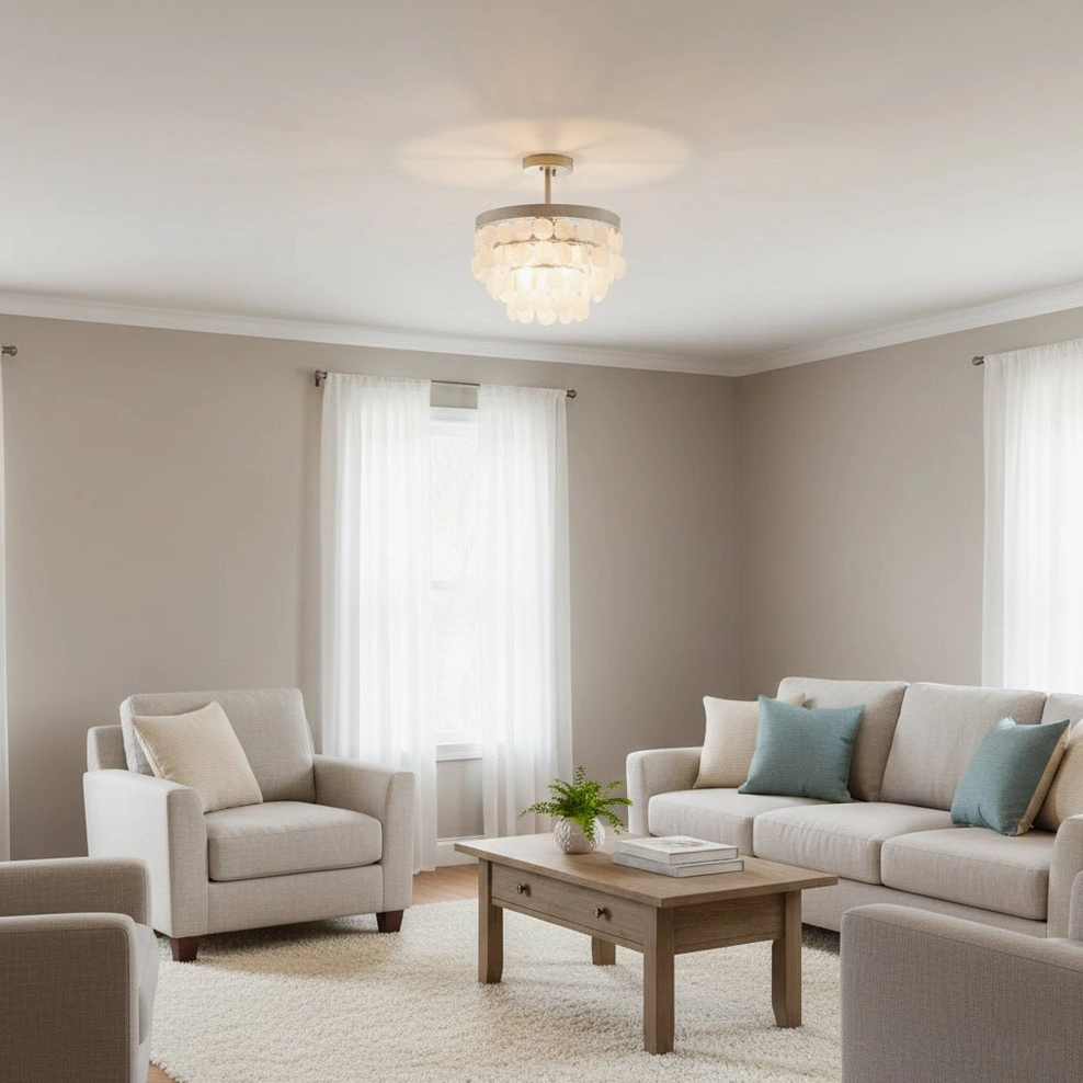 Semi-flush capiz ceiling light in minimalist living room with neutral tones and compact layout