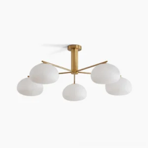 Briette mid-century modern sputnik ceiling light with five frosted white glass shades and brass gold metal frame - front overhead studio view
