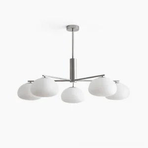 Briette mid-century modern sputnik chandelier with silver metal frame and frosted white glass shades, direct front overhead view