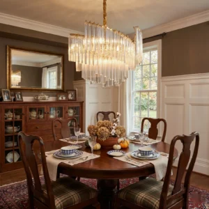 Brinicle tiered crystal chandelier illuminated in formal traditional dining room with warm glowing light