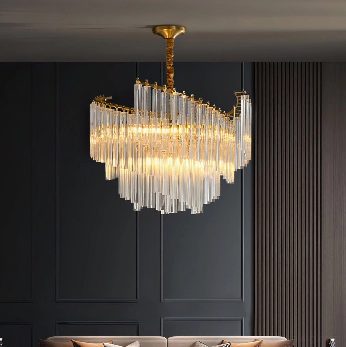 Brinicle brass crystal chandelier angled view showing geometric tiered arrangement
