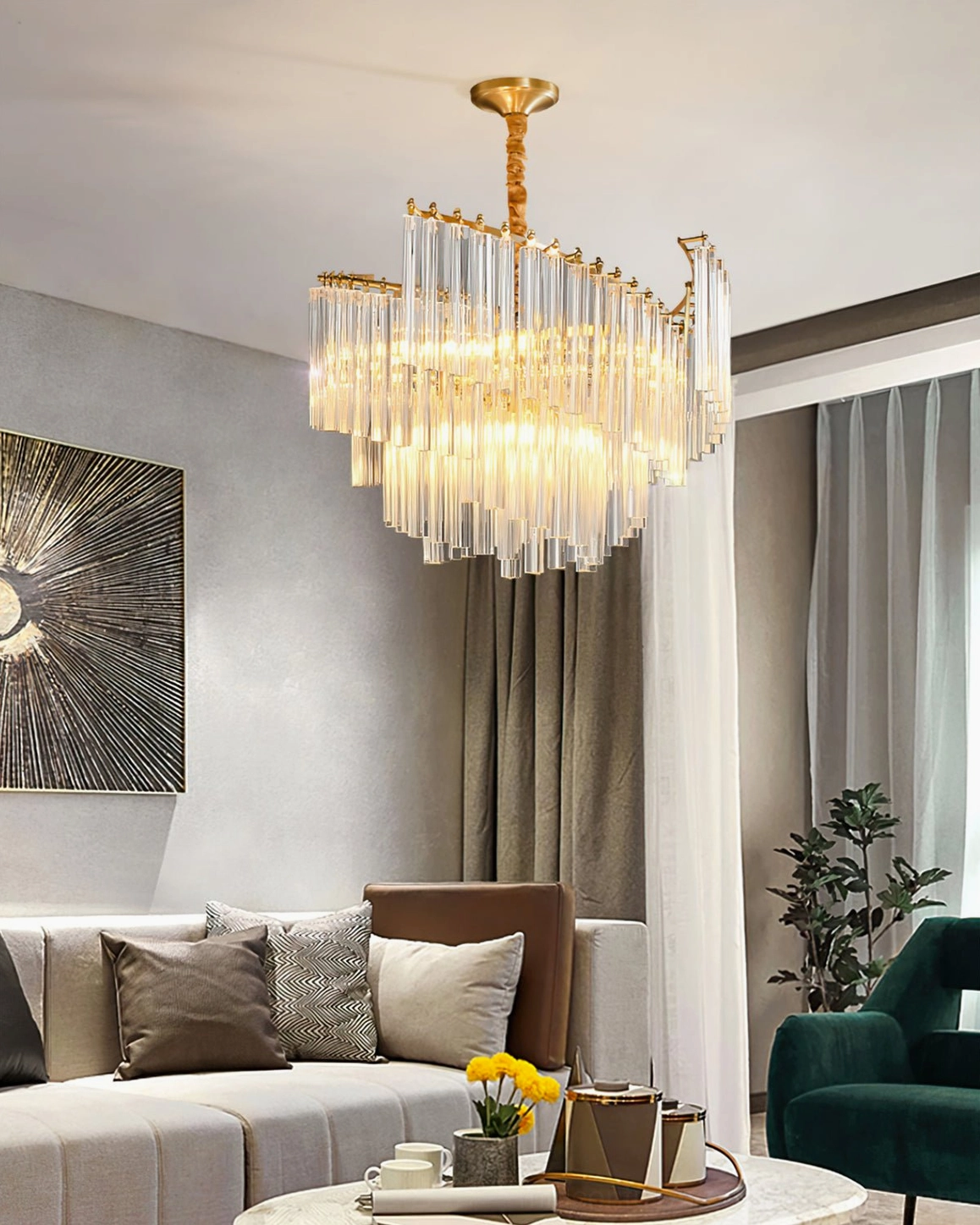 Brinicle crystal chandelier interior lighting view demonstrating light refraction through tiers