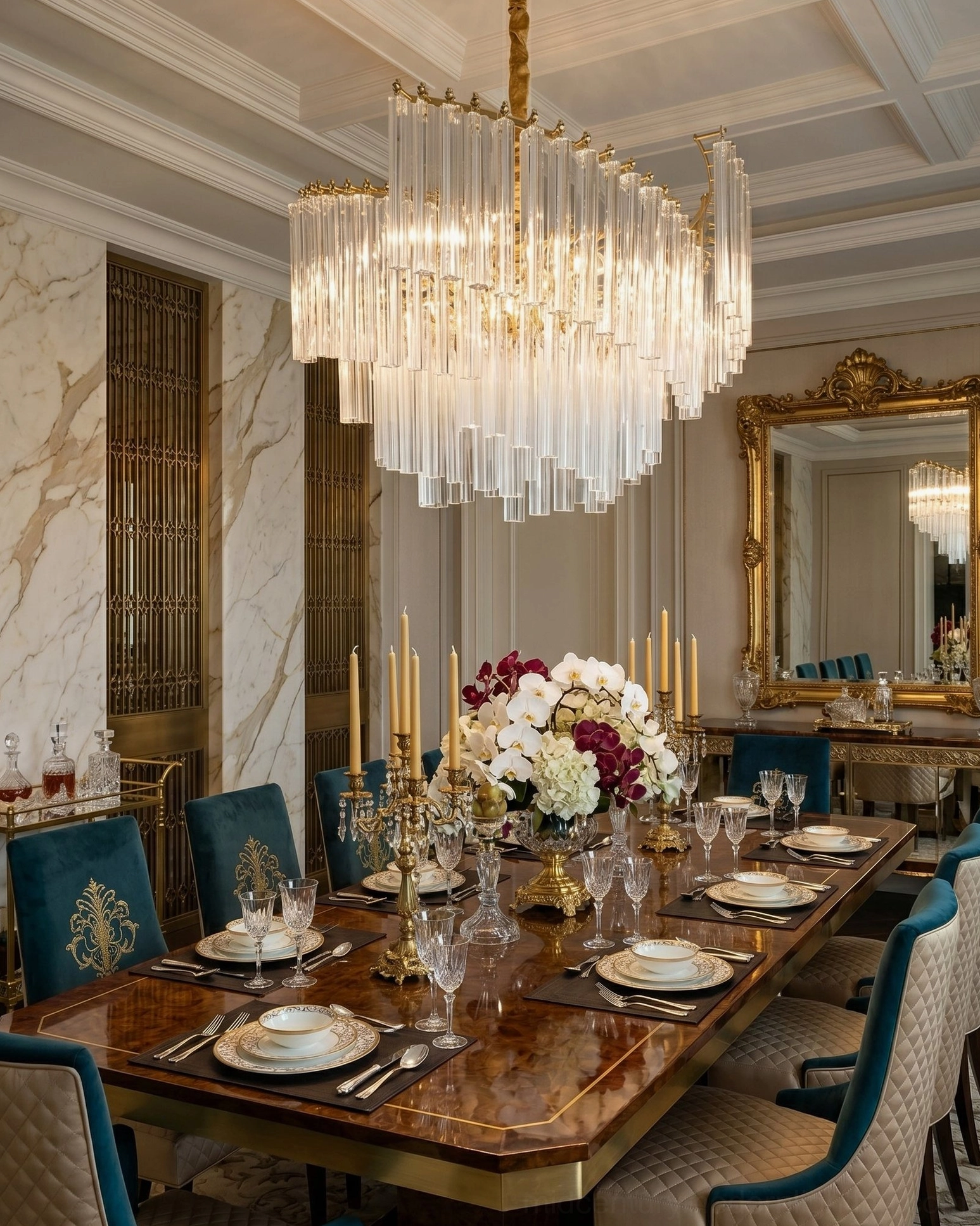 Brinicle tiered crystal chandelier above marble dining table with teal velvet chairs