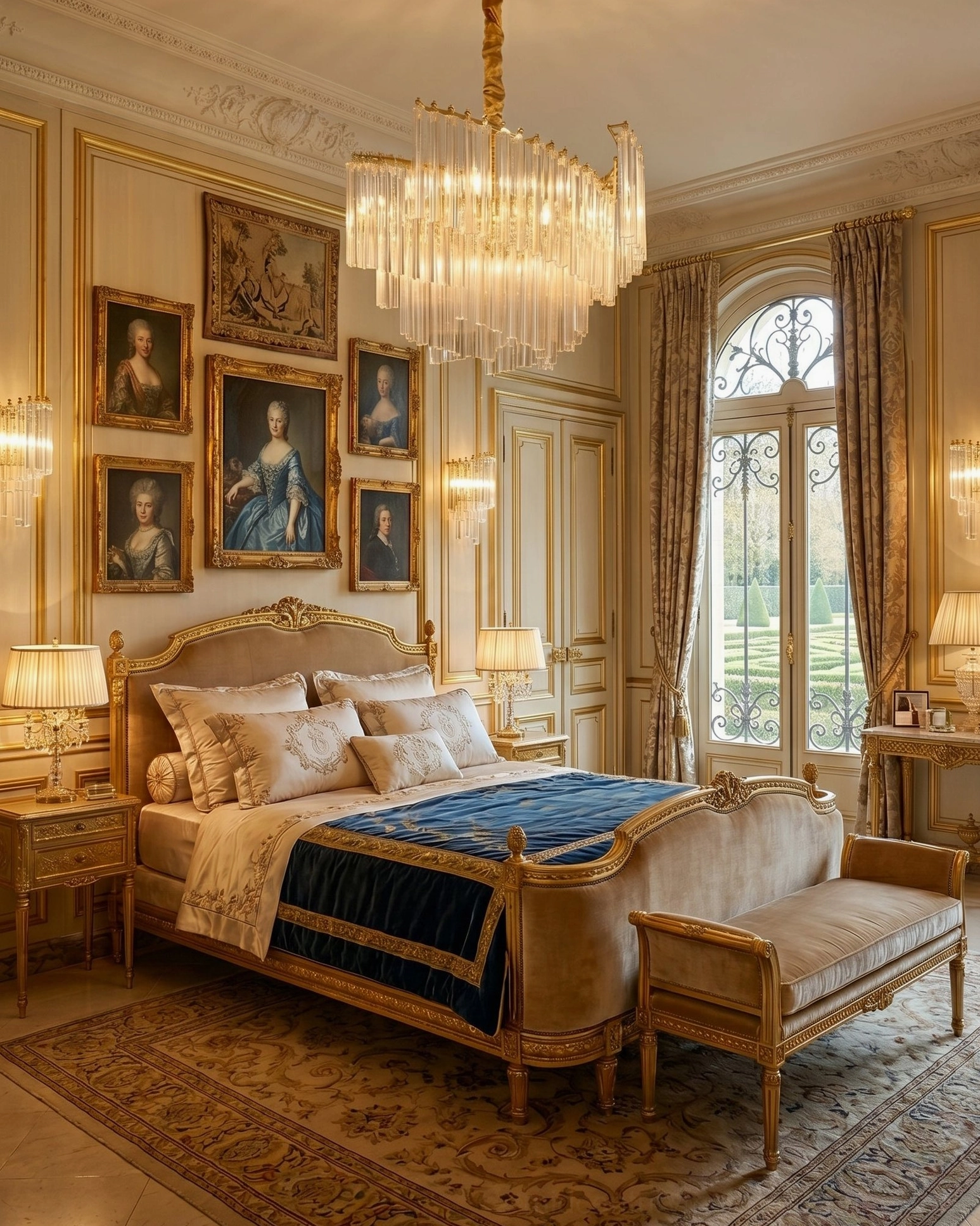 Brinicle crystal chandelier in neoclassical master bedroom with gilded furniture and carved wooden bed