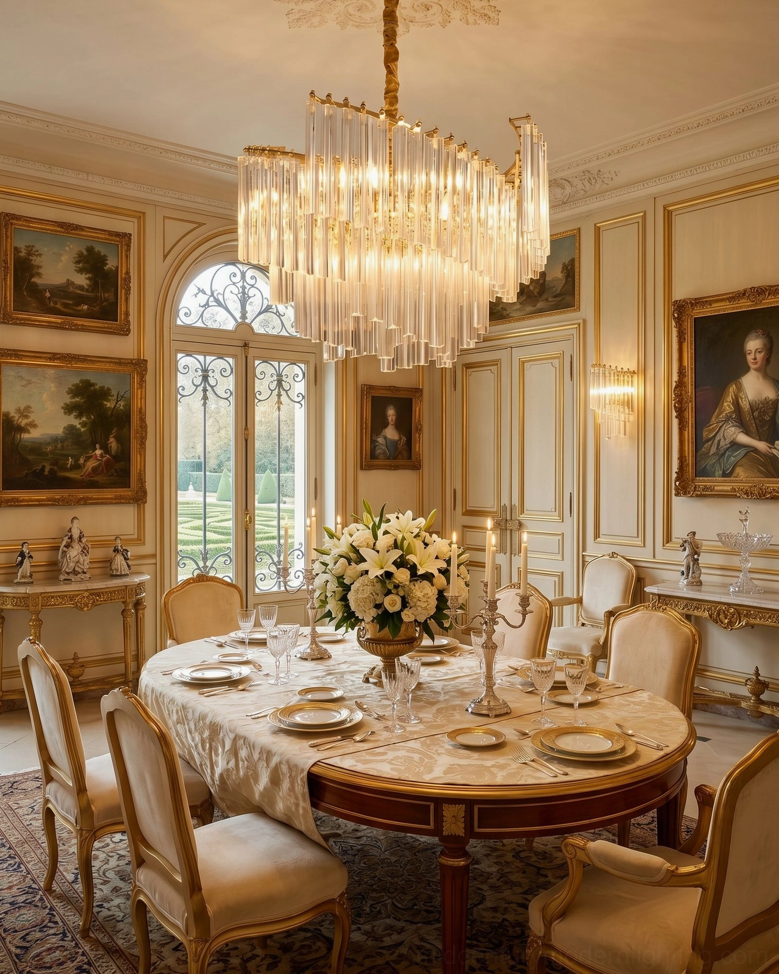 Brinicle crystal chandelier in luxury neoclassical dining space with arched windows and gilded accents