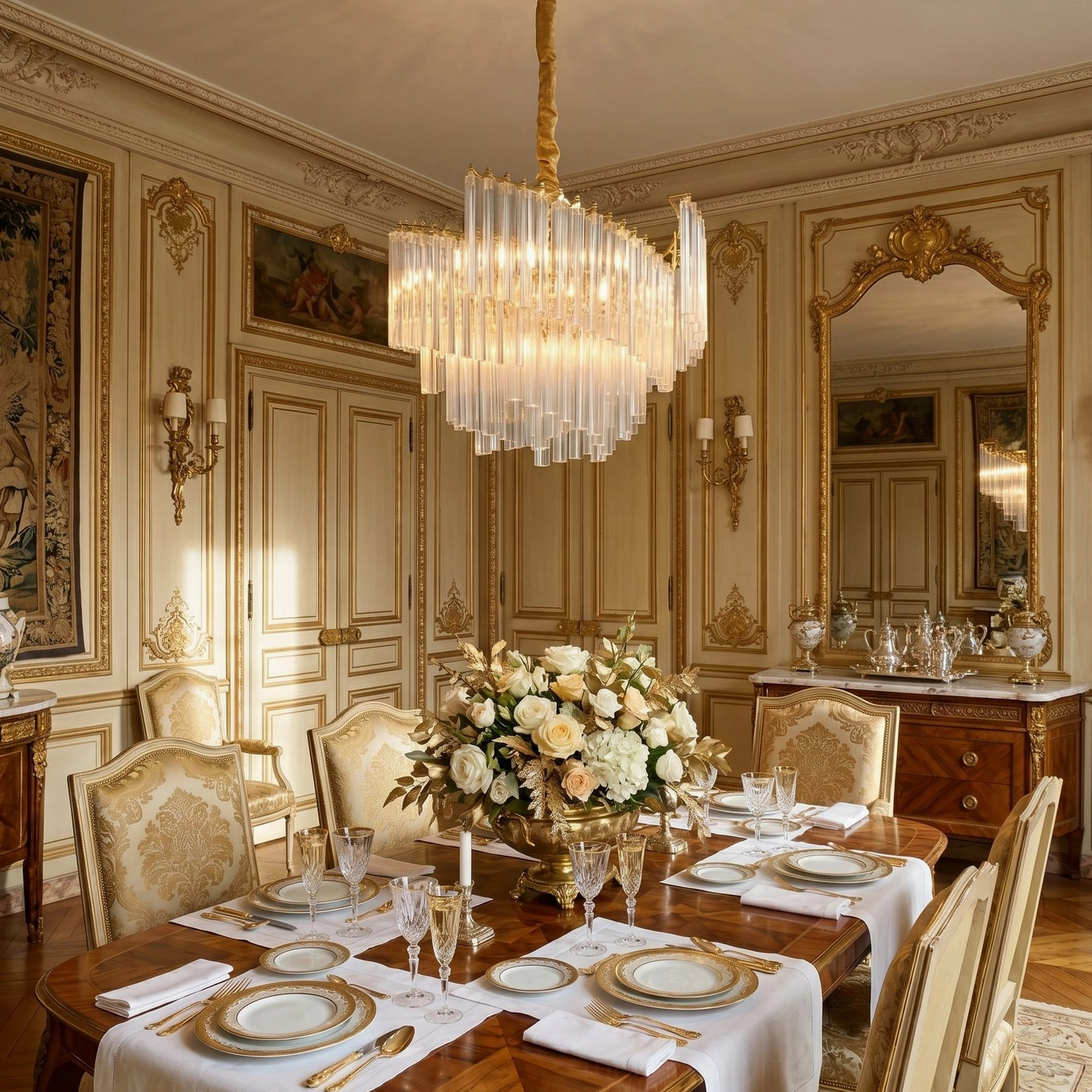 Brinicle brass chandelier in ornate classic dining room with carved wall paneling and antique mirror
