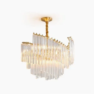 Brinicle brass crystal tiered chandelier studio front view with clear crystal rods and polished gold metal frame