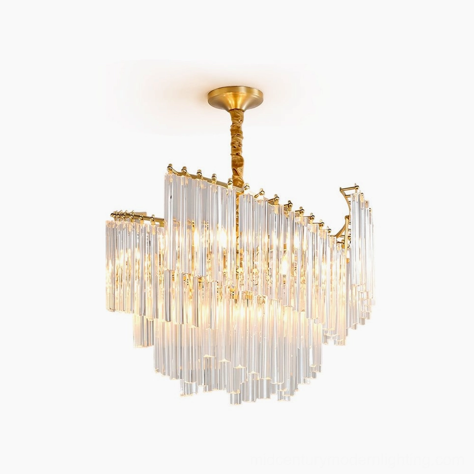 Brinicle brass crystal tiered chandelier studio front view with clear crystal rods and polished gold metal frame