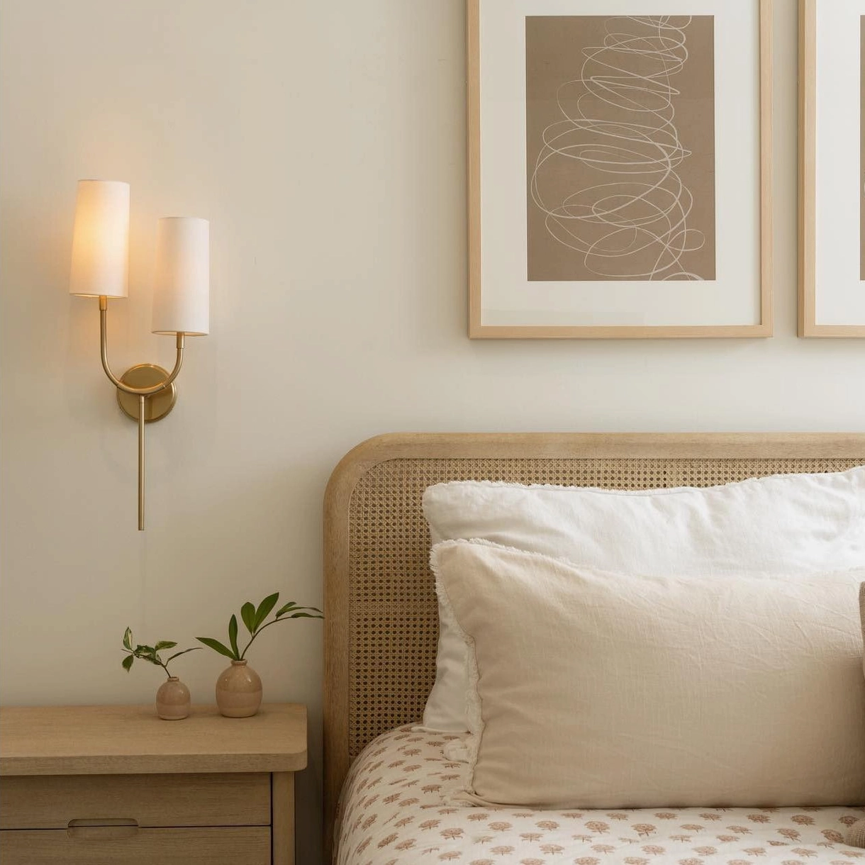 Brio brass wall sconce pair installed in neutral bedroom, warm ambient lighting design, mid-century modern decor
