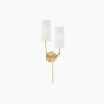 Brio double-arm mid-century modern wall sconce in warm brass finish with white fabric shades, front studio view