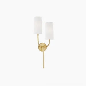 Brio double-arm mid-century modern wall sconce in warm brass finish with white fabric shades, front studio view