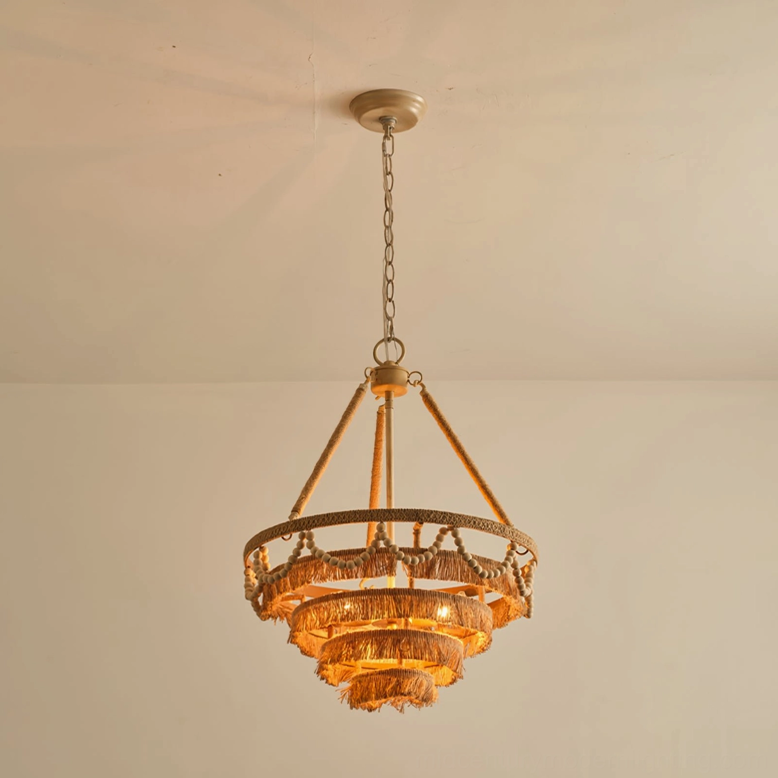 Bristol Bohemian Fringe Chandelier full hanging perspective showing suspension chain and frame geometry
