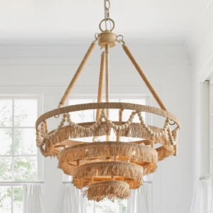 Bristol chandelier installed in bright modern living space showing multi-tier fringe detail and wooden beads
