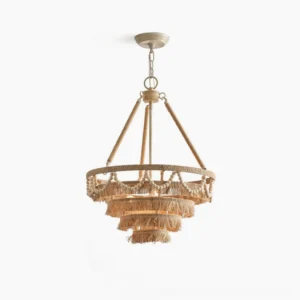 Bristol Bohemian Fringe Chandelier front view with jute-wrapped frame and cascading tiered raffia