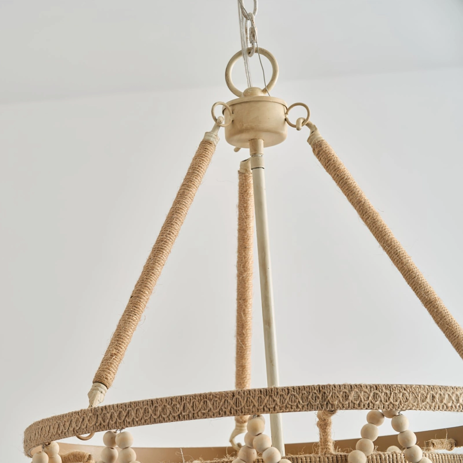 Bristol chandelier rear view showing jute-wrapped suspension rods and metal hardware structure