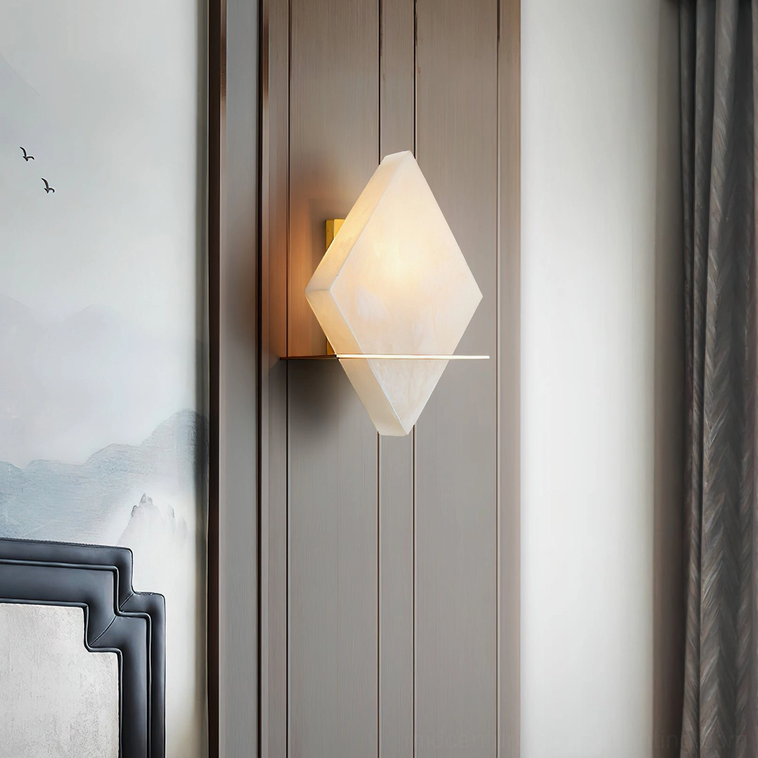 Brockton Alabaster Wall Lamp installed in modern bedroom, casting warm ambient light over minimalist nightstand