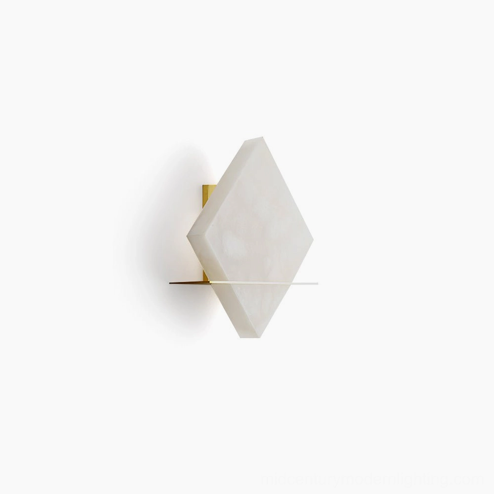 Brockton Alabaster Wall Lamp front close-up, geometric diamond shape with clean brass cross-bar mount design