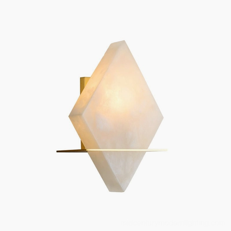 Brockton Alabaster Wall Lamp low-angle side view, activated warm light creating soft ambient glow