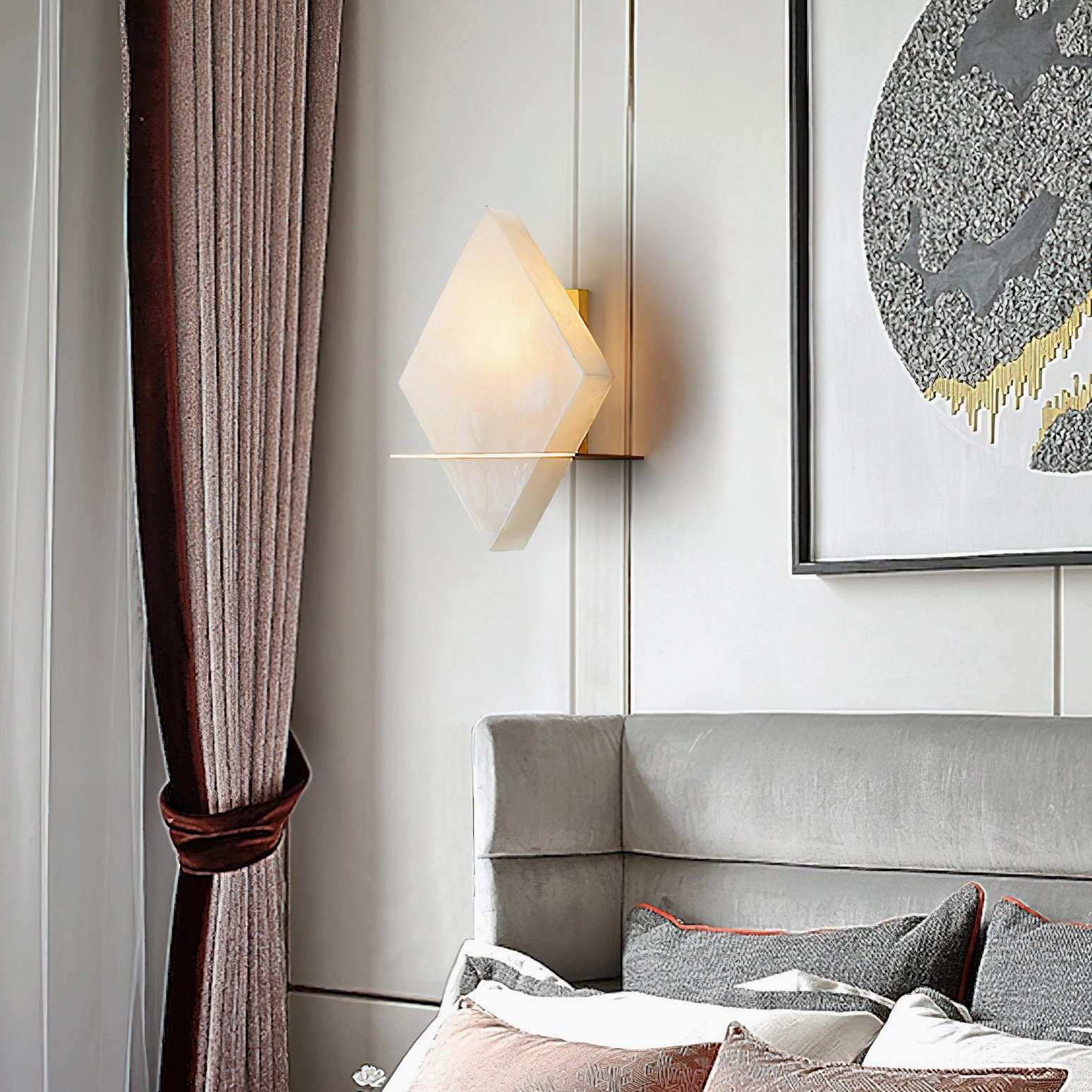 Brockton Alabaster Wall Lamp wide room view in luxury modern master bedroom with warm lighting