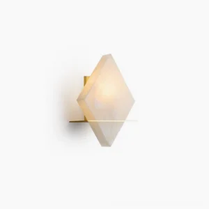 Brockton Alabaster Wall Lamp front view, showing diamond-shaped carved alabaster shade with brass hardware on white background