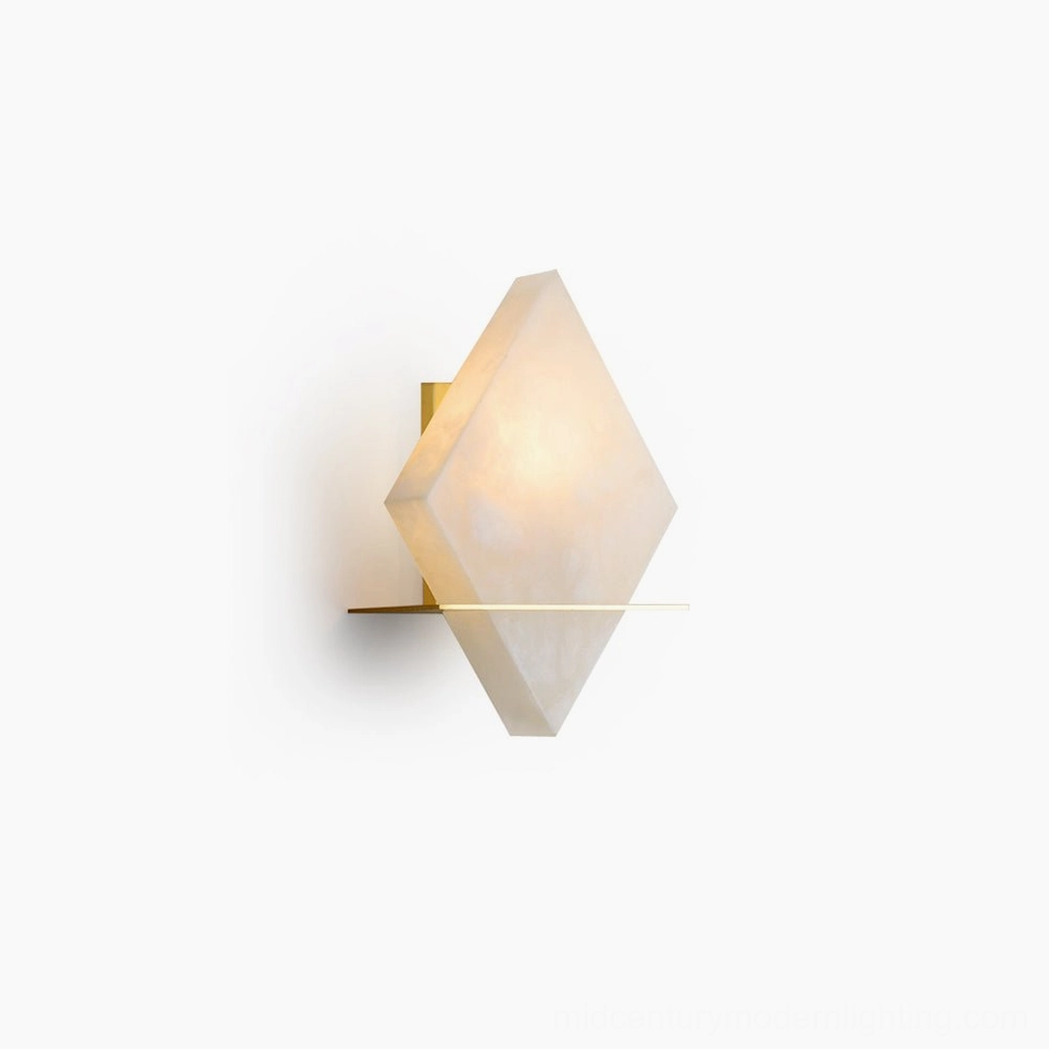 Brockton Alabaster Wall Lamp front view, showing diamond-shaped carved alabaster shade with brass hardware on white background