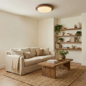 Bromo warm white ceiling light installed in farmhouse living room with neutral decor and warm ambient lighting