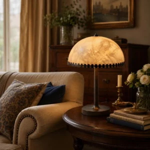 Bronson Dentil Alabaster Table Lamp glowing on side table with books and candle holders in living room setting