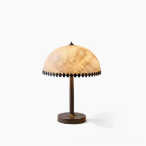 Bronson Dentil Alabaster Table Lamp front view with matte black metal base and translucent stone dome on white background