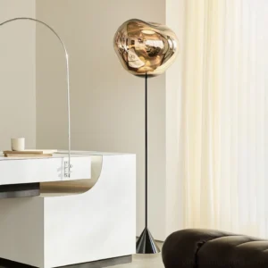 Bronze Lava Slim Floor Lamp in contemporary home office, sculptural modern floor lamp with curved arc design nearby