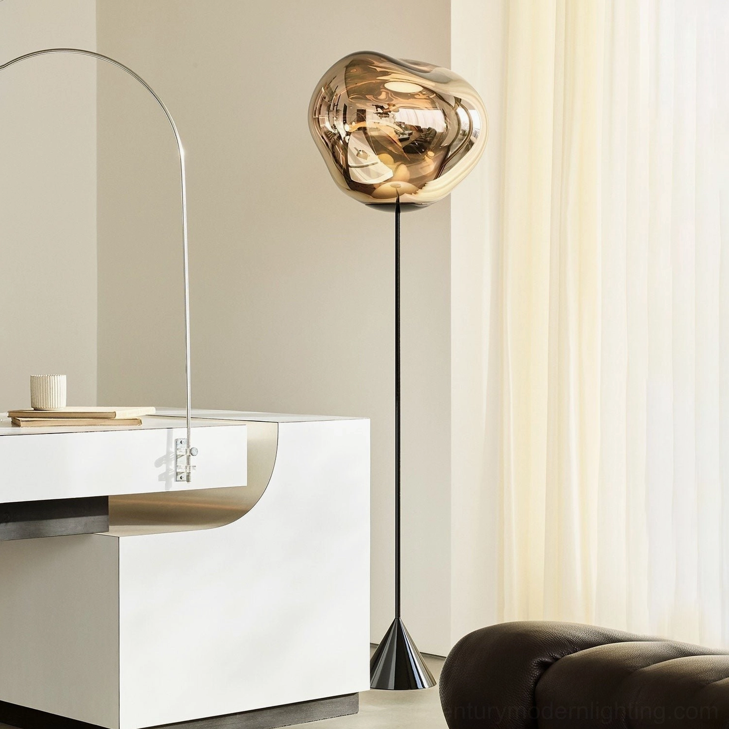 Bronze Lava Slim Floor Lamp in contemporary home office, sculptural modern floor lamp with curved arc design nearby