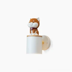 Brown Shiba Inu wall lamp with white metal shade and wood trim, front studio view on minimalist background