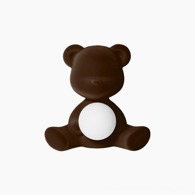 Brown flocked teddy table lamp product photography on neutral backdrop