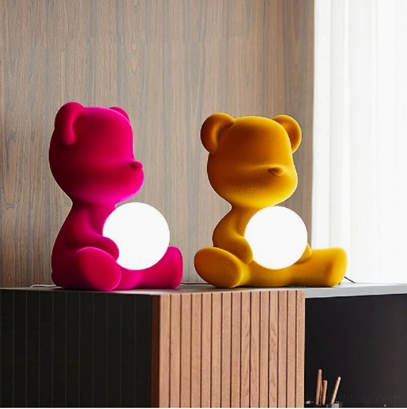 Brown teddy bear table lamp glowing with warm 3000K illumination