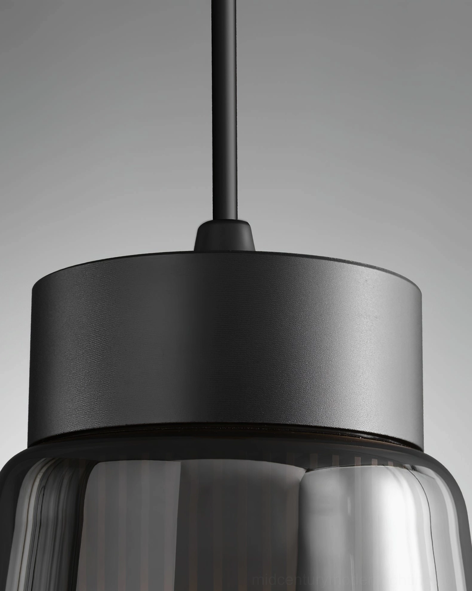 Contemporary minimalist cone pendant with smoke grey glass and brushed black metal components