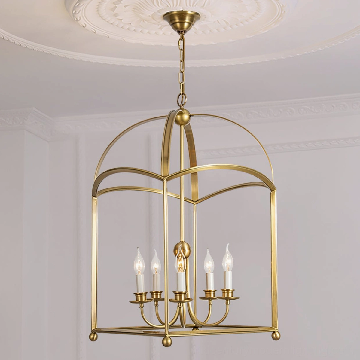 Brushed brass five-light arch pendant chandelier detailed metalwork