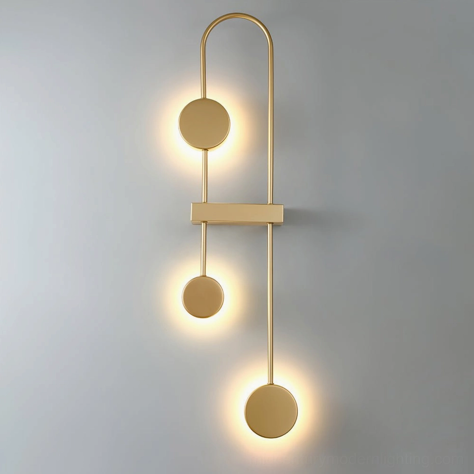 Brushed gold molecular wall lamp showcasing stacked spherical pendant design detail