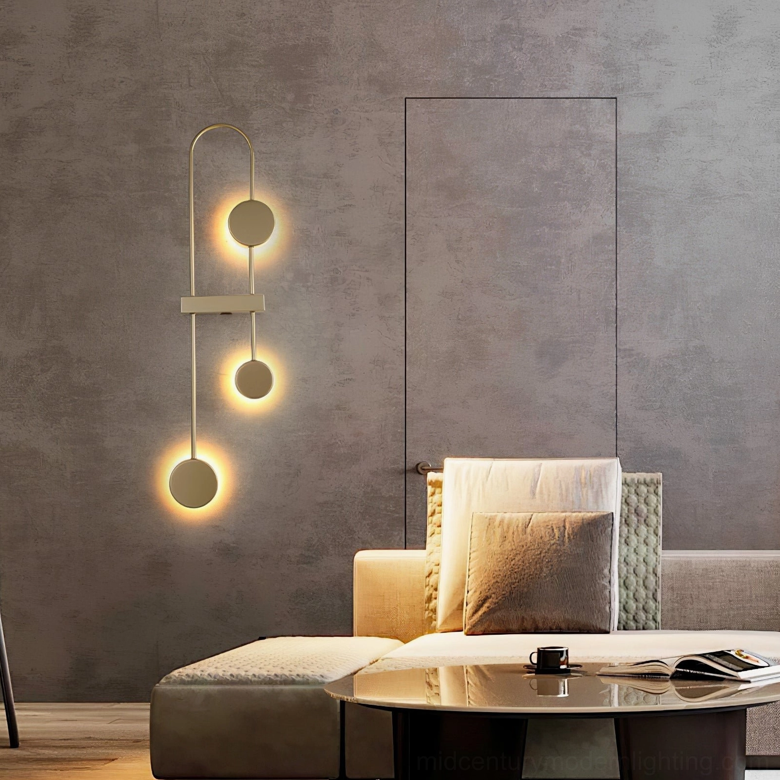 Three-pendant brushed gold modern wall lamp creating warm ambient lighting in luxury contemporary living room