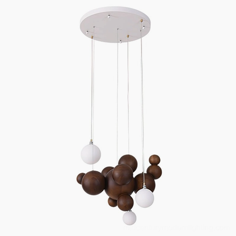 Bubble wood sphere chandelier in natural light wood finish with warm white LED integrated lighting, Walnut color variant showcase
