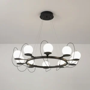10-head round canopy magnetic bubble pendant light with warm white LED glow, ceiling installation detail