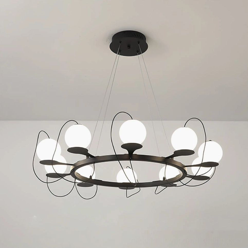 10-head round canopy magnetic bubble pendant light with warm white LED glow, ceiling installation detail