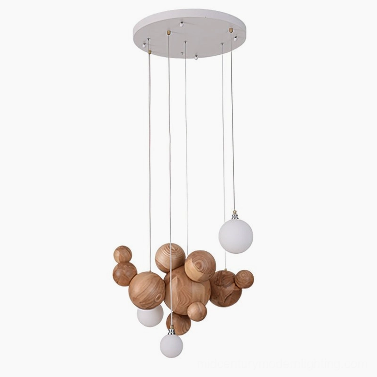 Bubble wood balls pendant light in wood color finish demonstrating warm ambient lighting quality for mid-century modern interiors