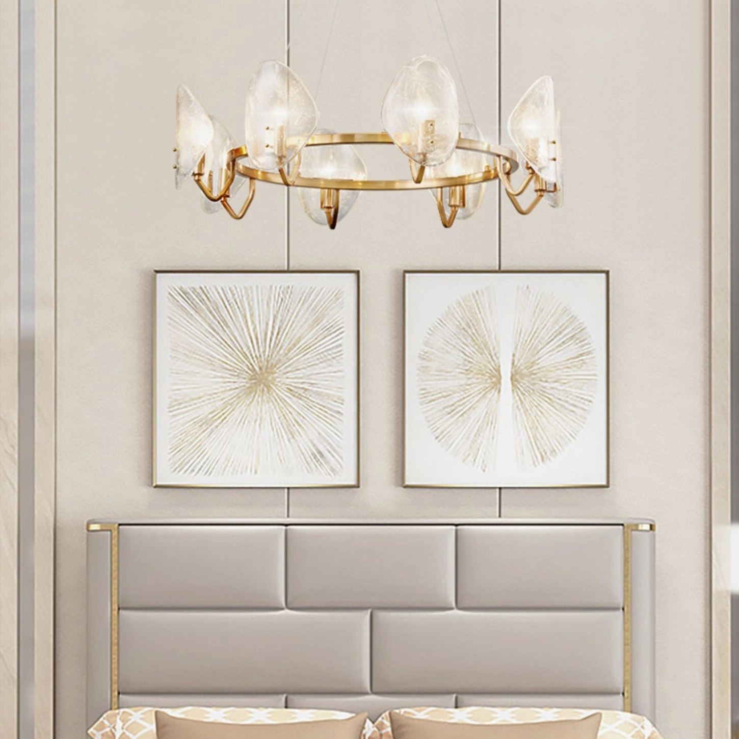Mid-century modern bubble glass chandelier installed above tufted leather headboard in bedroom