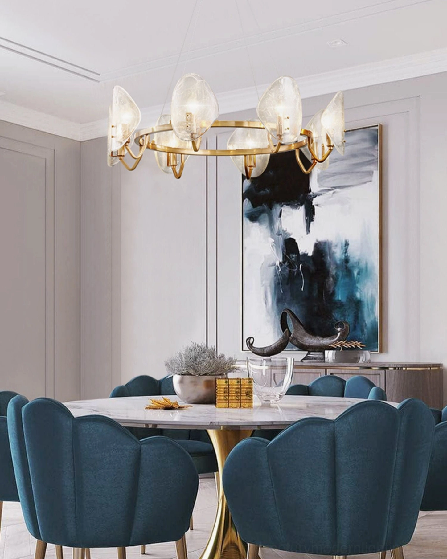 Mid-century modern chandelier installed in contemporary dining space with blue wall art