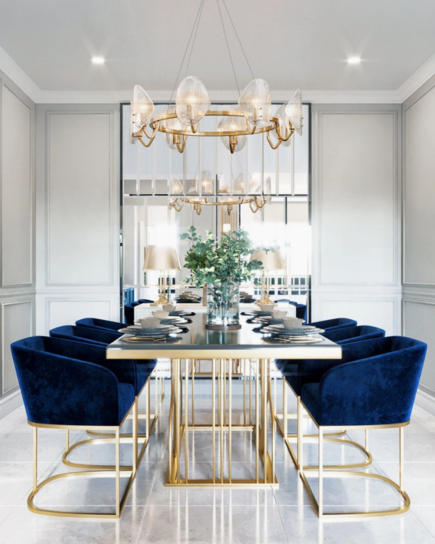 Bubble Glass Chandelier installed in luxury modern dining room with navy velvet chairs and dual fixtures