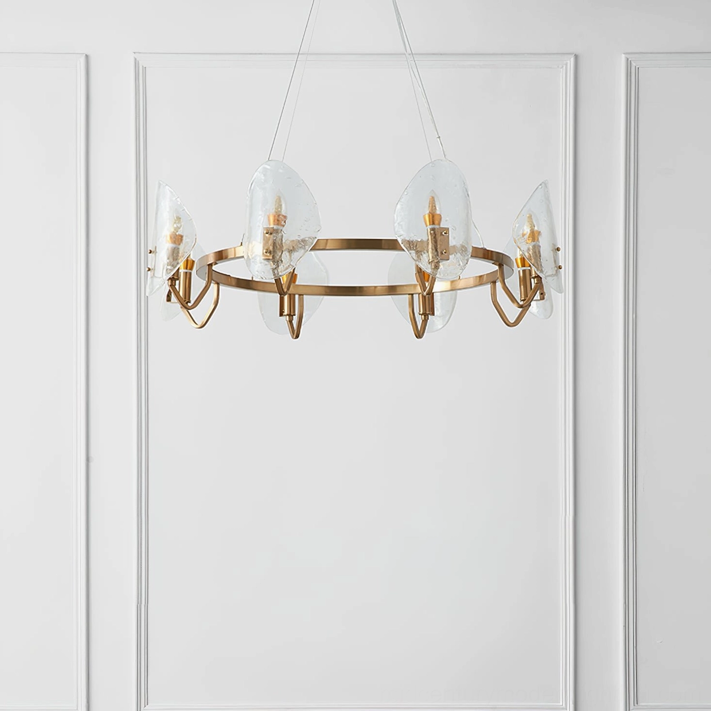 Bubble glass chandelier with warm metallic gold frame and scalloped shade edges