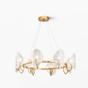 Bubble Glass Chandelier mid-century modern gold fixture front view with eight scalloped glass shades