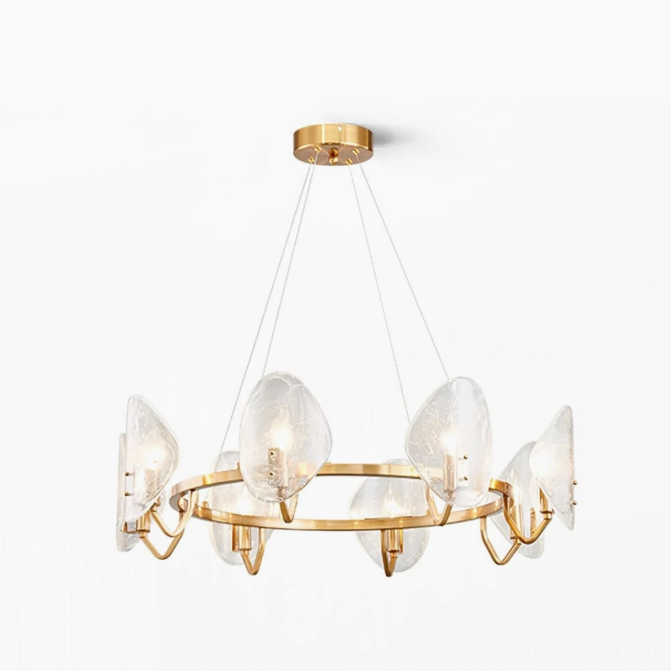 Bubble Glass Chandelier mid-century modern gold fixture front view with eight scalloped glass shades